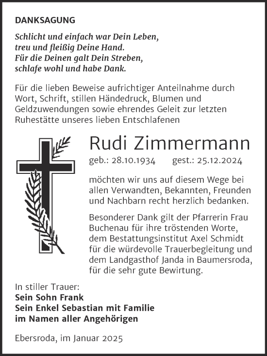 Traueranzeige von Rudi Zimmermann von Super Sonntag Naumburg/Nebra