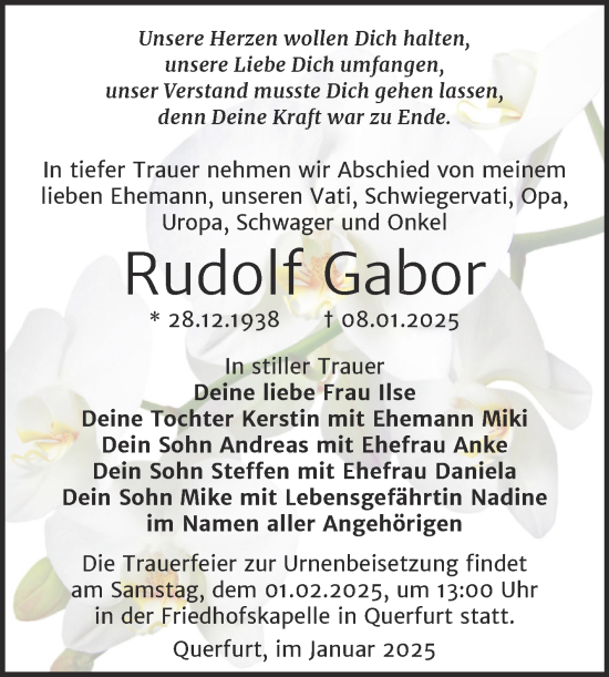 Traueranzeige von Rudolf Gabor von Trauerkombi Merseburg