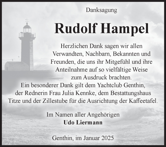 Traueranzeige von Rudolf Hampel von Volksstimme Burg/Genthin