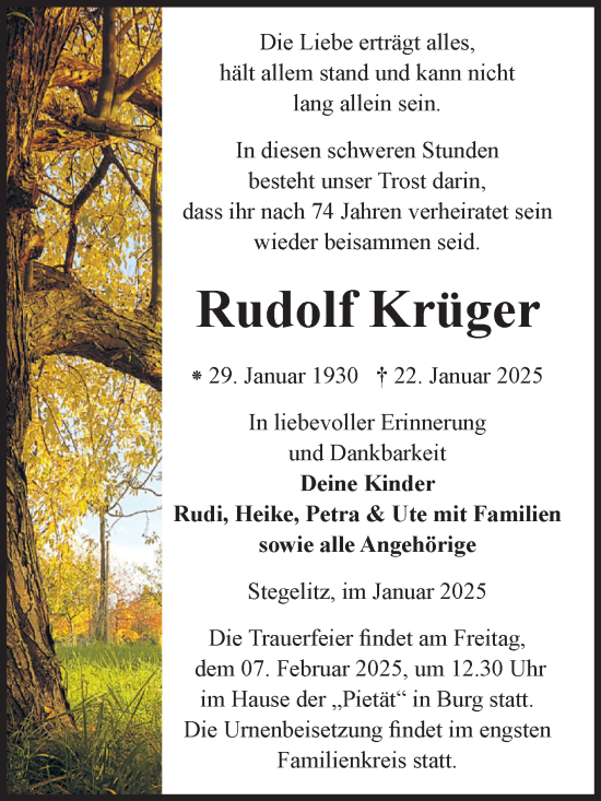 Traueranzeige von Rudolf Krüger von Volksstimme Burg/Genthin
