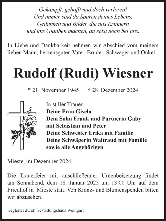 Traueranzeige von Rudolf  Wiesner von Volksstimme Altmark West