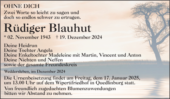 Traueranzeige von Rüdiger Blauhut von Trauerkombi Quedlinburg
