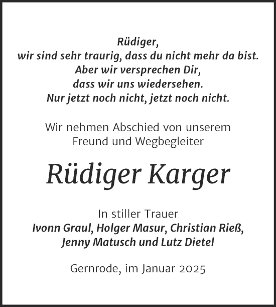 Traueranzeige von Rüdiger Karger von Trauerkombi Quedlinburg