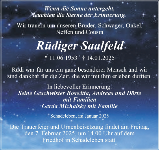 Traueranzeige von Rüdiger Saalfeld von Trauerkombi Aschersleben