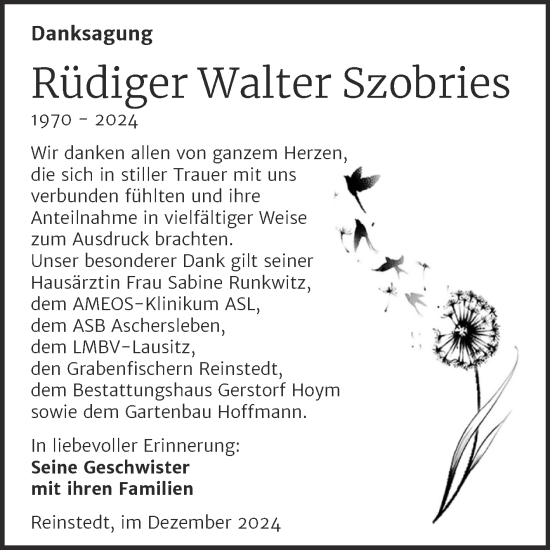 Traueranzeige von Rüdiger Walter Szobries von Trauerkombi Aschersleben