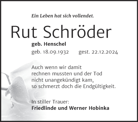 Traueranzeige von Rut Schröder von Trauerkombi Wittenberg