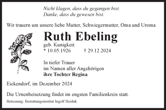 Traueranzeige von Ruth Ebeling von Volksstimme Schönebeck