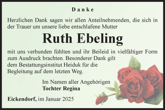 Traueranzeige von Ruth Ebeling von Volksstimme Schönebeck