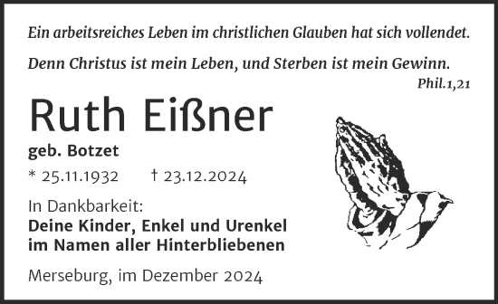 Traueranzeige von Ruth Eißner von Trauerkombi Merseburg