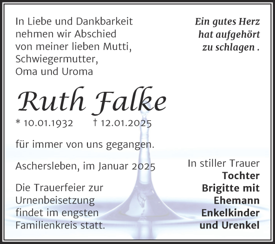 Traueranzeige von Ruth Falke von Super Sonntag Aschersleben