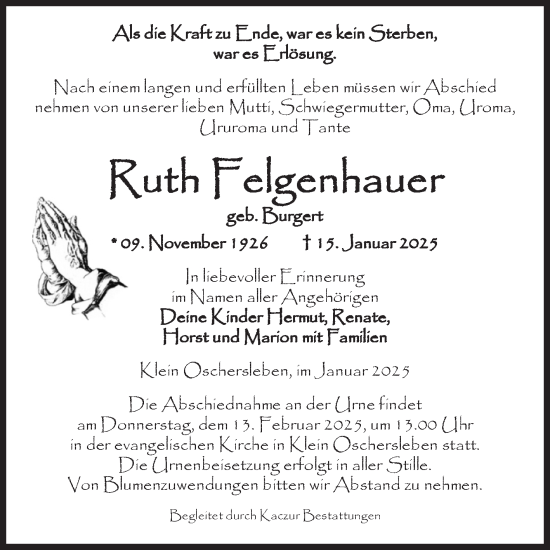 Traueranzeige von Ruth Felgenhauer von Volksstimme Oschersleben/Wanzleben