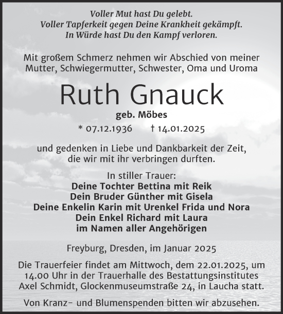 Traueranzeige von Ruth Gnauck von Naumburger Tageblatt