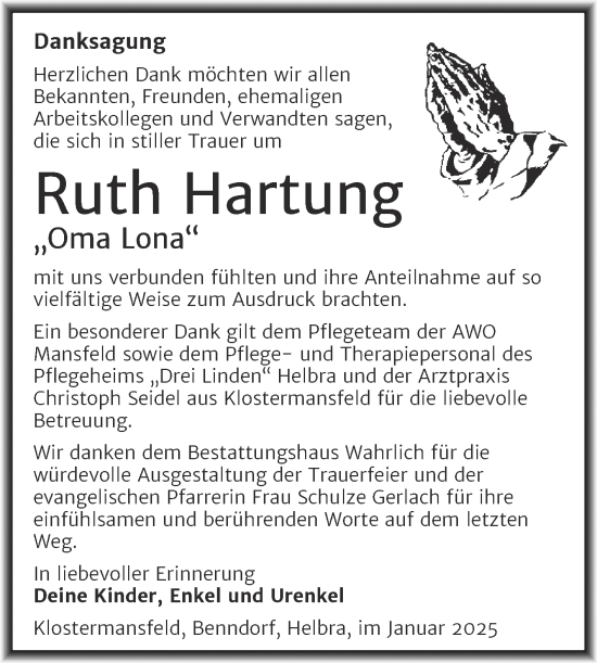 Traueranzeige von Ruth Hartung von Trauerkombi Mansfelder Land