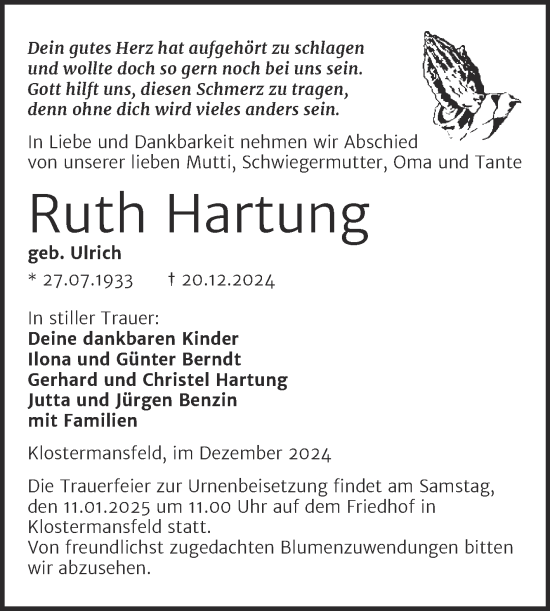 Traueranzeige von Ruth Hartung von Trauerkombi Mansfelder Land