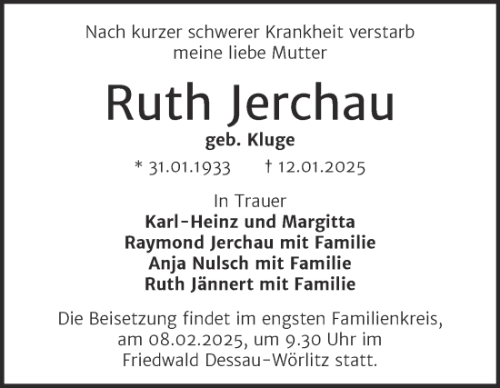 Traueranzeige von Ruth Jerchau von Trauerkombi Dessau