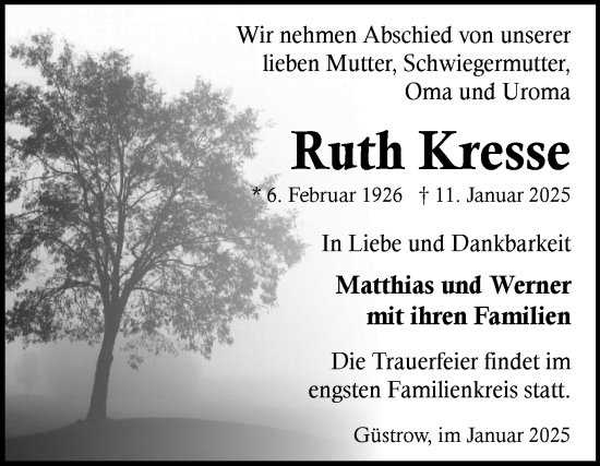 Traueranzeige von Ruth Kresse von Volksstimme Schönebeck