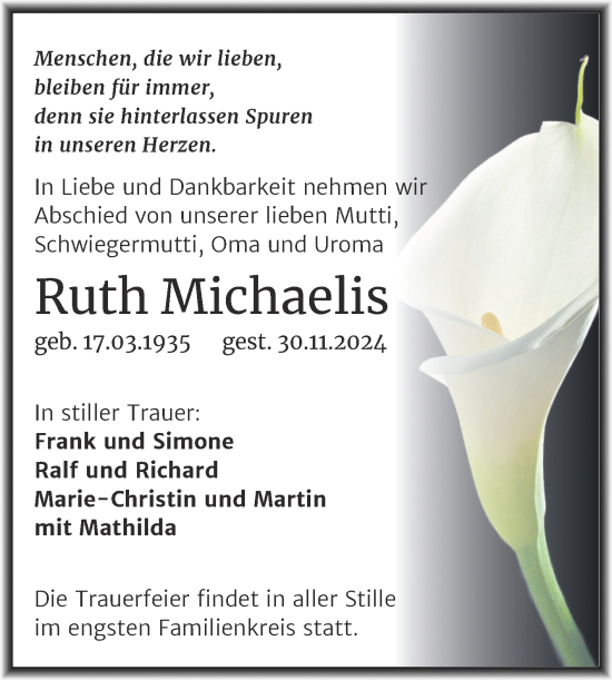 Traueranzeige von Ruth Michaelis von Trauerkombi Bitterfeld