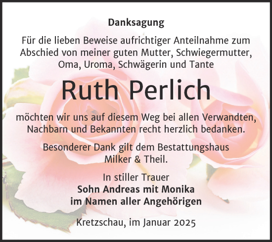 Traueranzeige von Ruth Perlich von Trauerkombi Zeitz