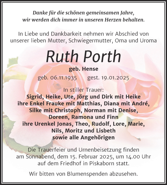 Traueranzeige von Ruth Porth von Trauerkombi Mansfelder Land
