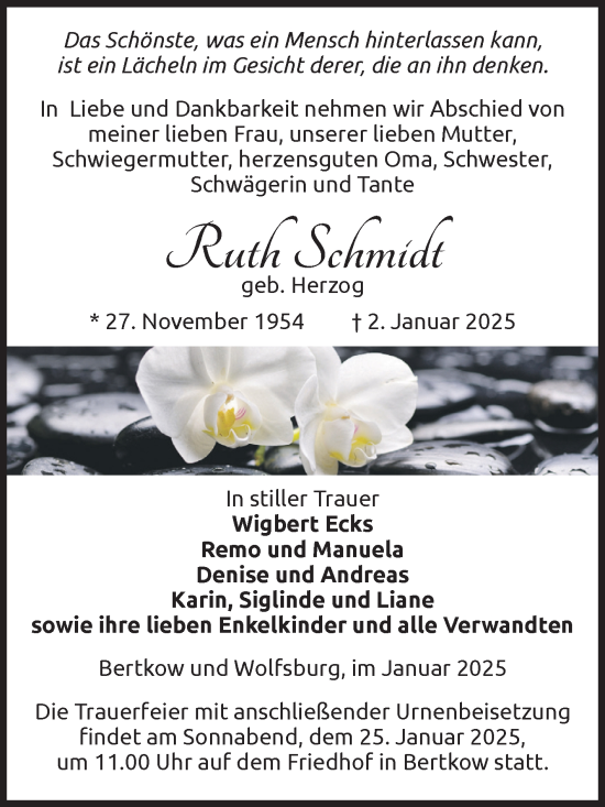 Traueranzeige von Ruth Schmidt von Volksstimme Altmark Ost