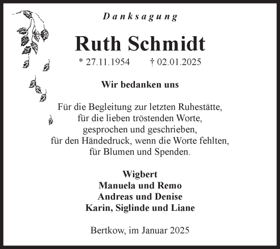 Traueranzeige von Ruth Schmidt von Volksstimme Altmark Ost