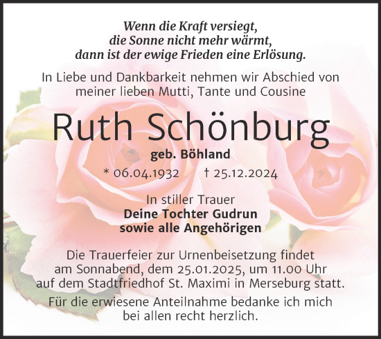 Traueranzeige von Ruth Schönburg von Trauerkombi Merseburg