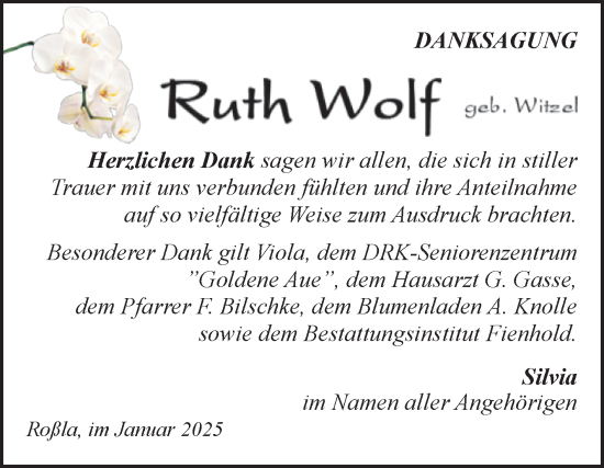 Traueranzeige von Ruth Wolf von Trauerkombi Sangerhausen