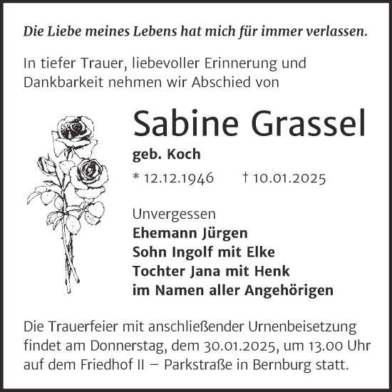 Traueranzeige von Sabine Grassel von Trauerkombi Bernburg
