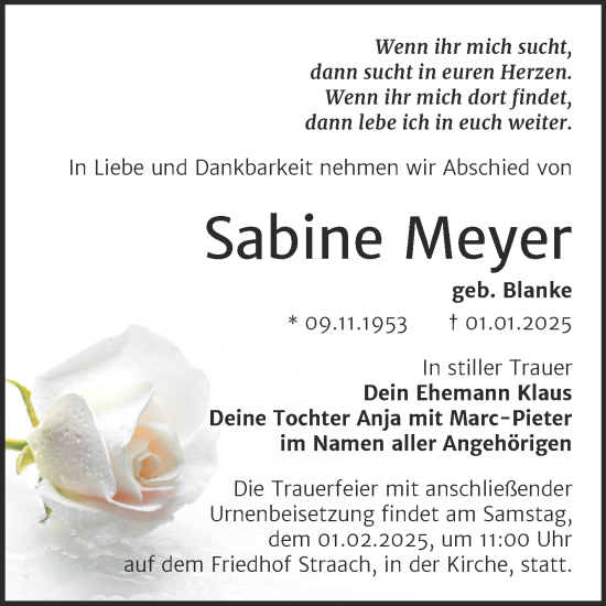 Traueranzeige von Sabine Meyer von Trauerkombi Wittenberg