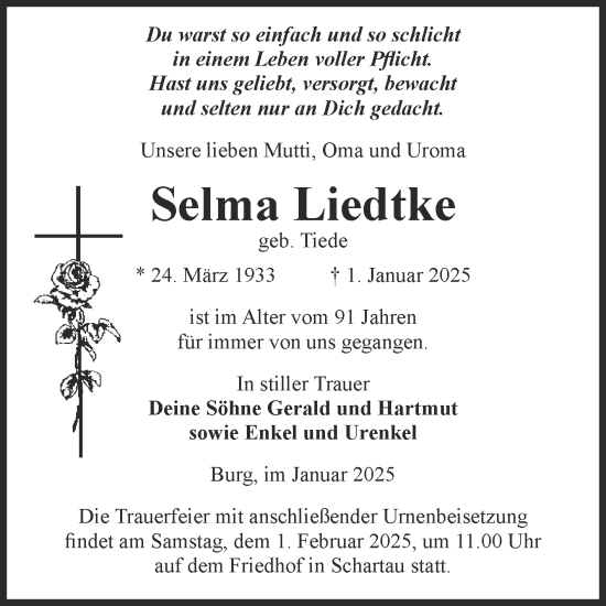 Traueranzeige von Selma Liedtke 