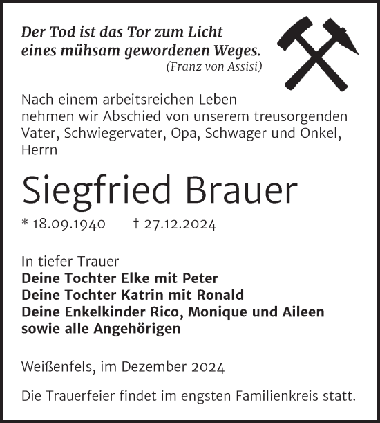 Traueranzeige von Siegfried Brauer von Trauerkombi Weißenfels