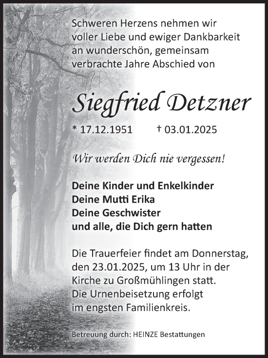 Traueranzeige von Siegfried Detzner von Volksstimme Schönebeck