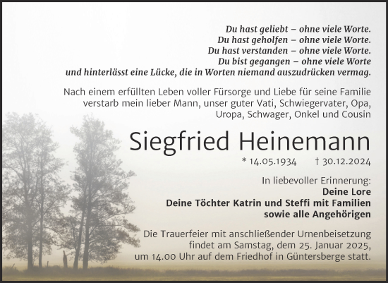 Traueranzeige von Siegfried Heinemann von Trauerkombi Quedlinburg