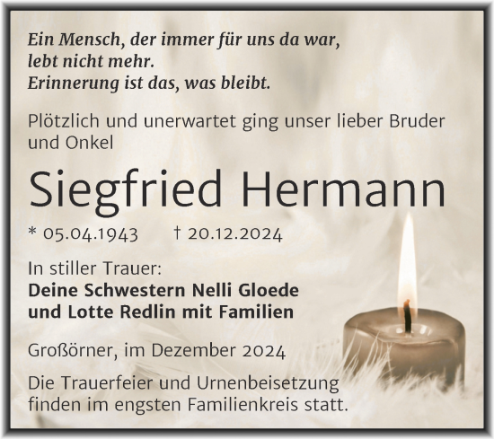 Traueranzeige von Siegfried Hermann von Trauerkombi Mansfelder Land