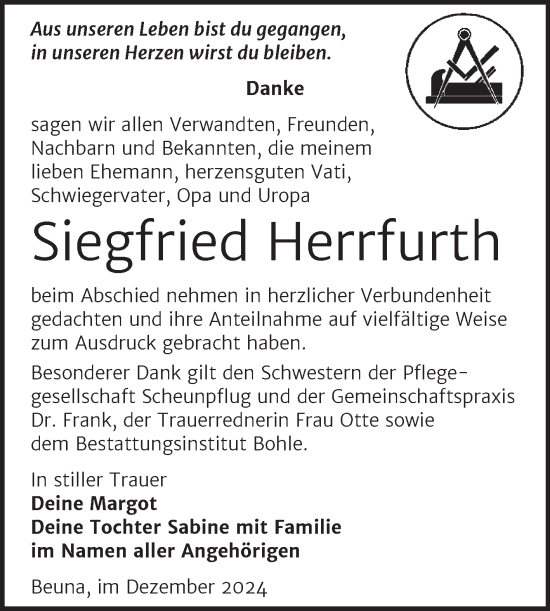 Traueranzeige von Siegfried Herrfurth von Trauerkombi Merseburg