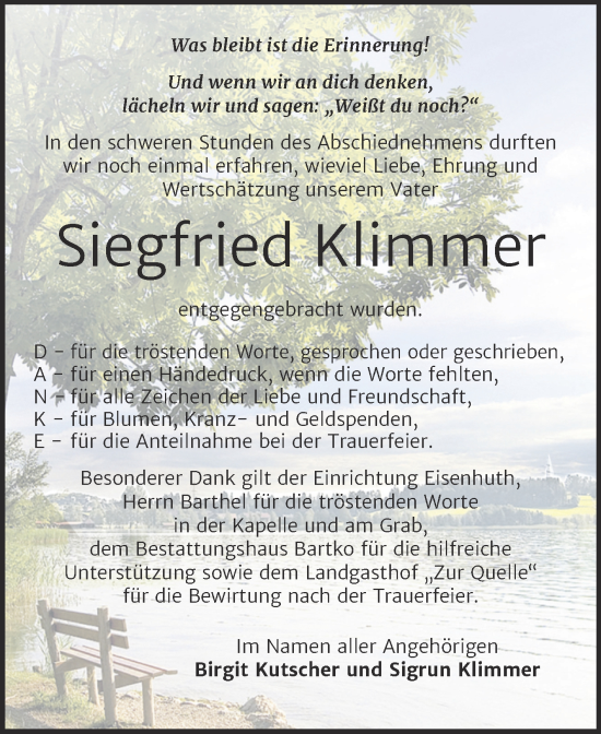 Traueranzeige von Siegfried Klimmer von Trauerkombi Köthen