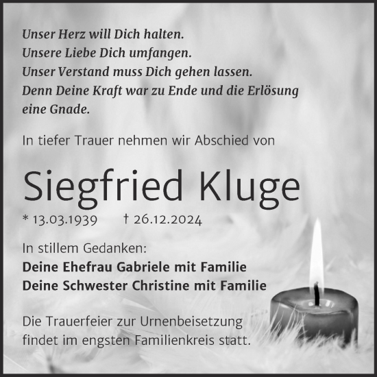 Traueranzeige von Siegfried Kluge von Trauerkombi Mansfelder Land