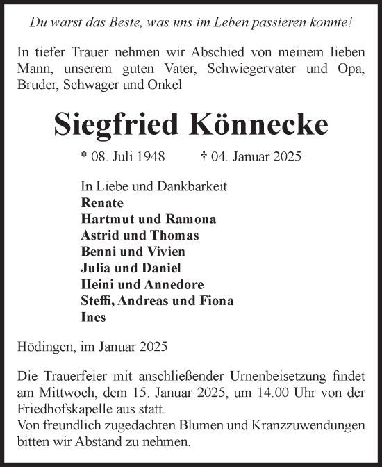 Traueranzeige von Siegfried Könnecke von Volksstimme Haldensleben/Wolmirstedt
