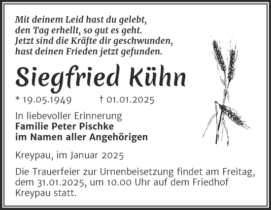 Traueranzeige von Siegfried Kühn von Trauerkombi Merseburg