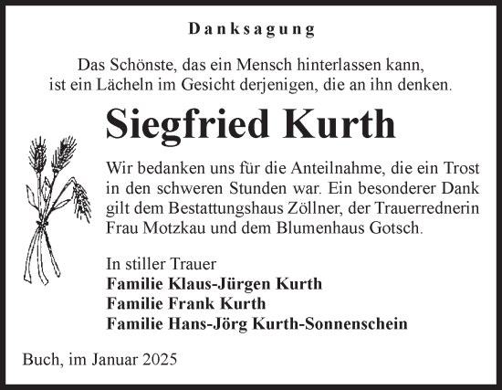 Traueranzeige von Siegfried Kurth von Volksstimme Altmark Ost