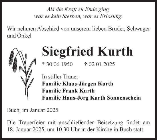 Traueranzeige von Siegfried Kurth von Volksstimme Altmark Ost