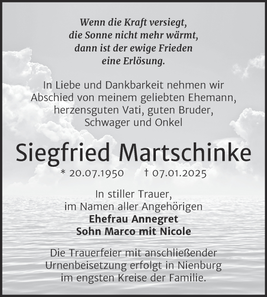 Traueranzeige von Siegfried Martschinke von Trauerkombi Bernburg