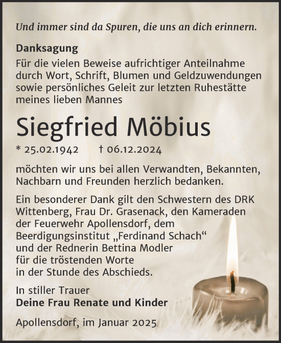 Traueranzeige von Siegfried Möbius von Trauerkombi Wittenberg