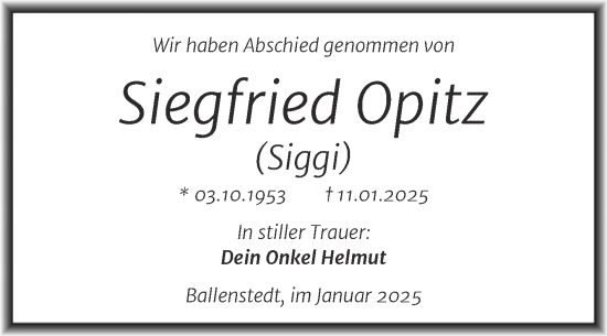 Traueranzeige von Siegfried Opitz von Trauerkombi Quedlinburg