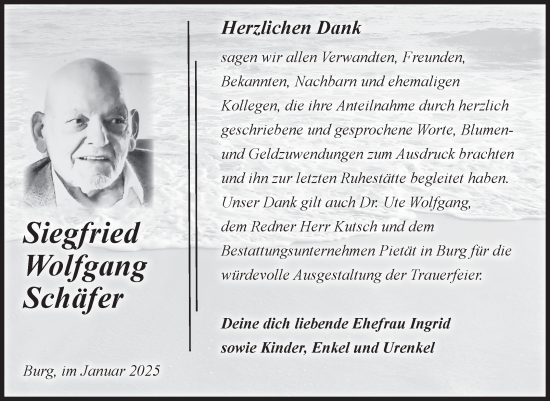 Traueranzeige von Siegfried Wolfgang Schäfer von Volksstimme Burg/Genthin