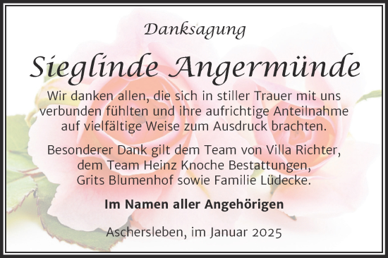 Traueranzeige von Sieglinde Angermünde von Trauerkombi Aschersleben