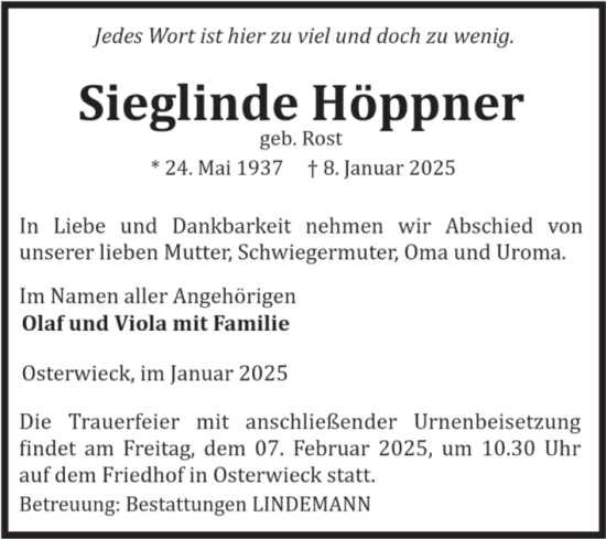 Traueranzeige von Sieglinde Höppner von Volksstimme Halberstadt