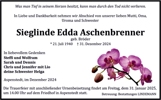 Traueranzeige von Sieglinde Edda Aschenbrenner von Volksstimme Halberstadt
