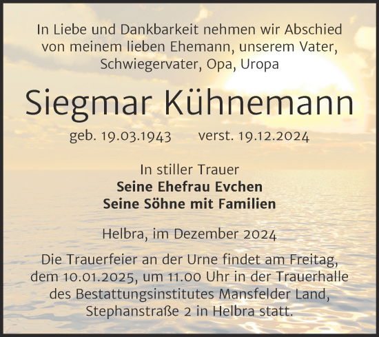 Traueranzeige von Siegmar Kühnemann von Trauerkombi Mansfelder Land