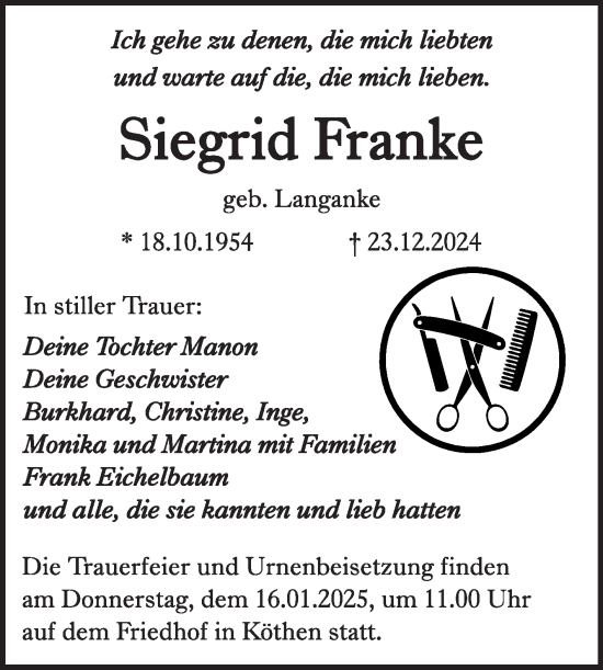 Traueranzeige von Siegrid Franke von Trauerkombi Köthen